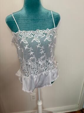Vintage White Lace Embroidered Camisole Ruffle Coquette Fairy Sheer Top Made USA